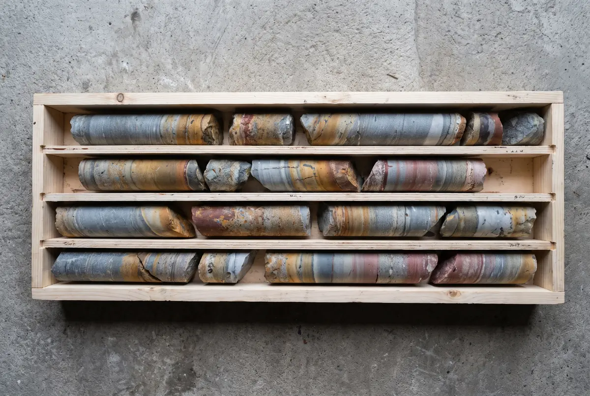 Cylindrical geological drill cores laid in order in a wooden core tray, each showing distinct coloured layers.